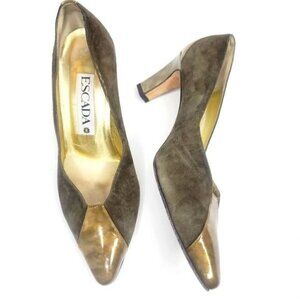 Vintage 80s Escada Colorblock Brown Metallic Block Heel Pumps size 8